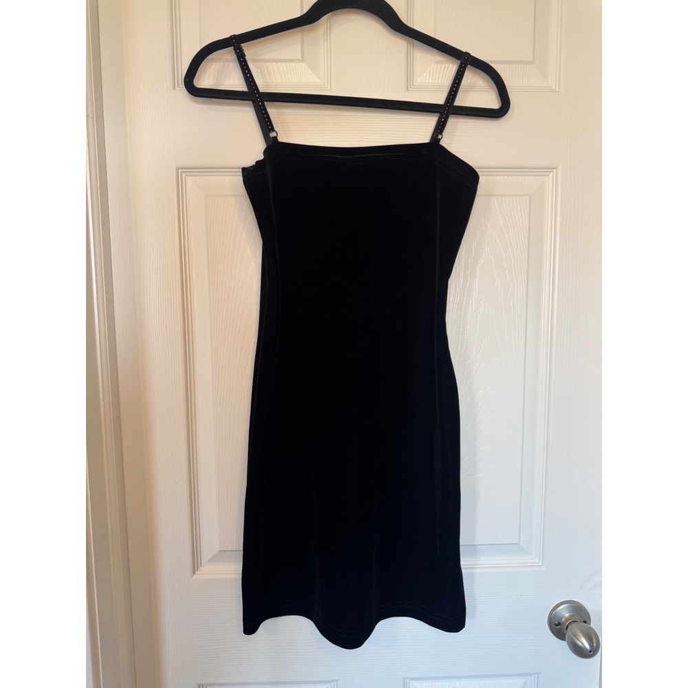 Marian & Maral Black Velvet Mini Dress Pink Rhinestone Straps Slit Vintage